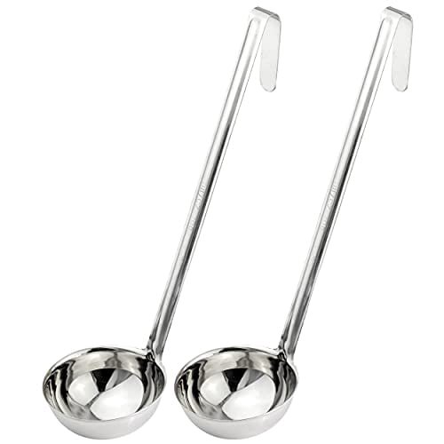 Fit Meal Prep [2 Pack] Stainless Steel Soup Ladle - One-Piece Sauce Spatula w/Hook Handles, Commercial Grade Serving Spoon, Kitchen Tool for Restaurant or Home Cooking, Mirror Finish, 14.25" Long