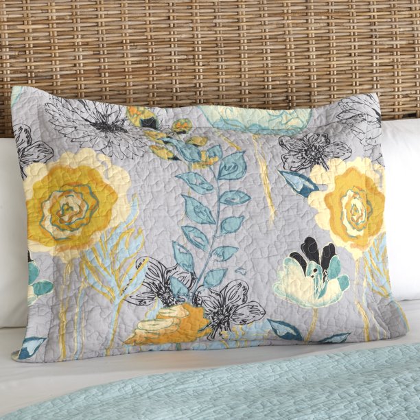 Floral Watercolor Gray Quilted Pillow Sham with Vermicelli Stitch