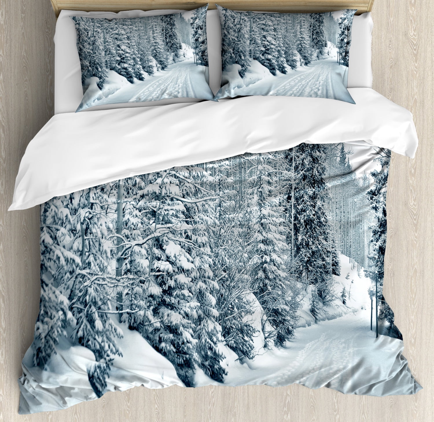 Winter Duvet Cover Set, Ski Themed Snowy Road Cold Parts of the World Footprints Colorado United
