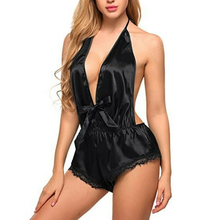 

Catinbow One Piece Romper - Women Lace Lingerie Sexy Sets with Deep V Neck Silky Babydoll Lace V-neck Halter Crochet Pajamas Sleepover Party Nightdress