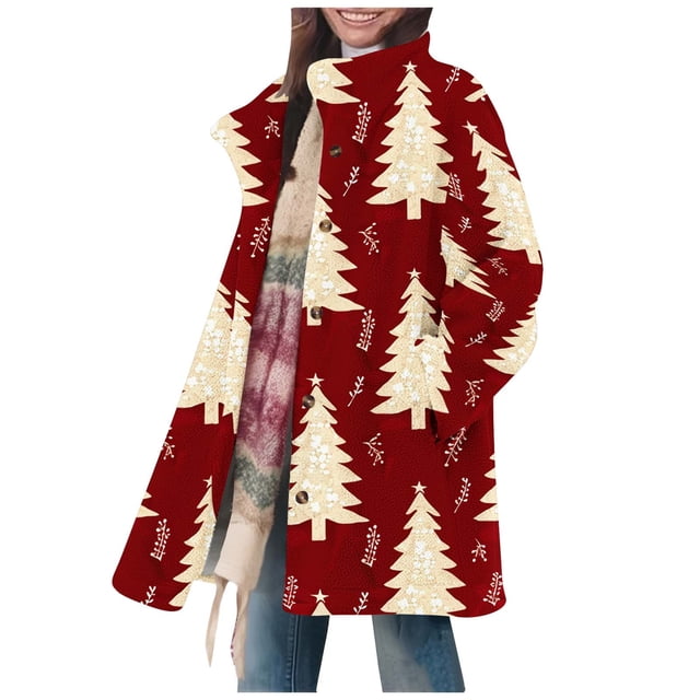 Lovzfmll Veste de Noël pour Femmes, Décontractée Chaude Imprimée Col Ample Bouton Manches Longues Rouge, m