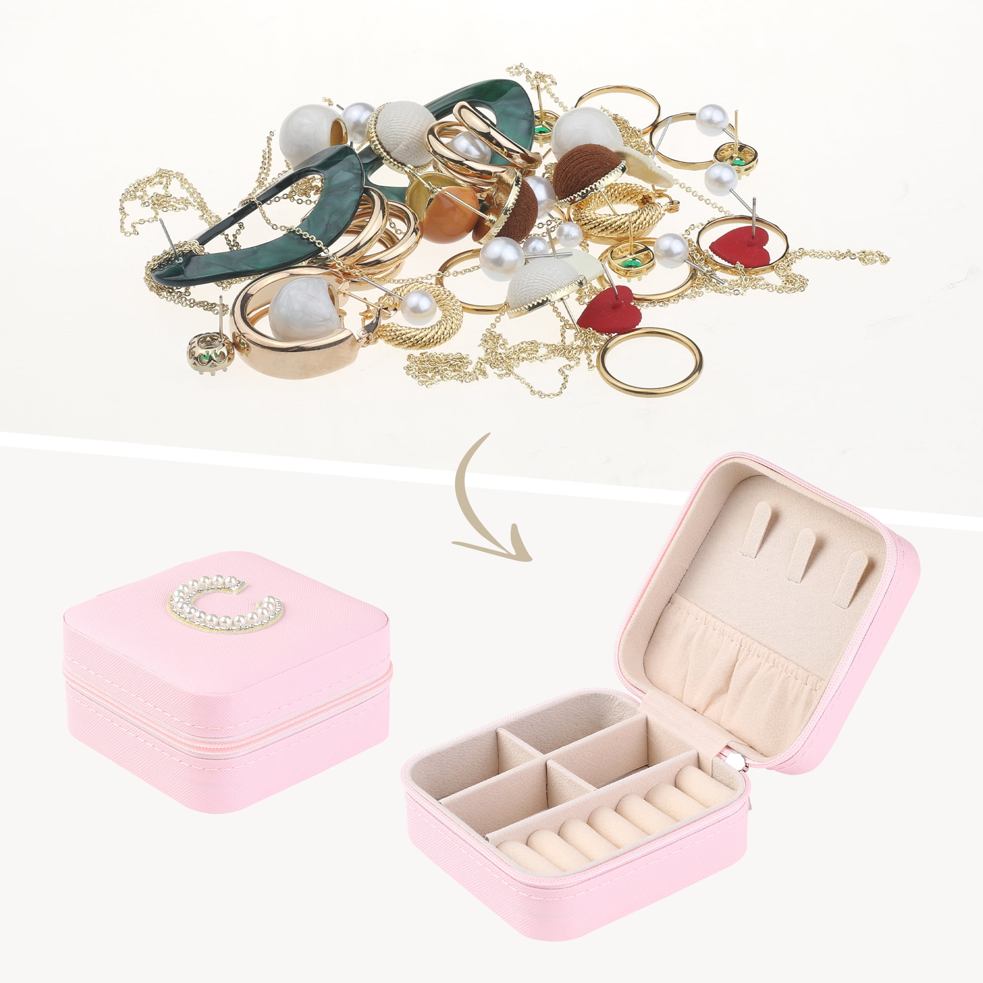 Unique Bargains Mini PU Leather Organizer Jewelry Box Storage Pink Letter C
