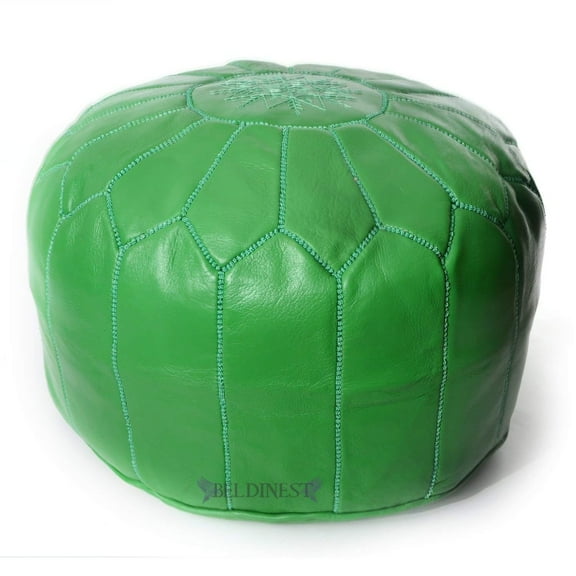Embroidered Leather Pouf- Green