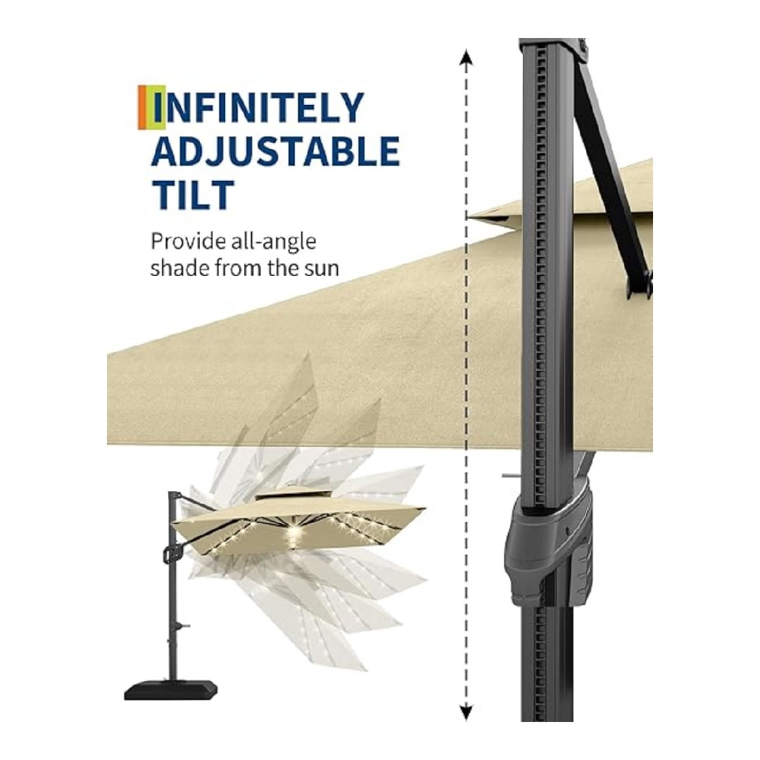 10' x 10' Heavy Duty Cantilever Patio Umbrella with LED Lights & Weighted Base, Square Aluminum Offset Umbrella 360-Degree Rotation for Outdoor Decor, Backyard, Deck, Pool