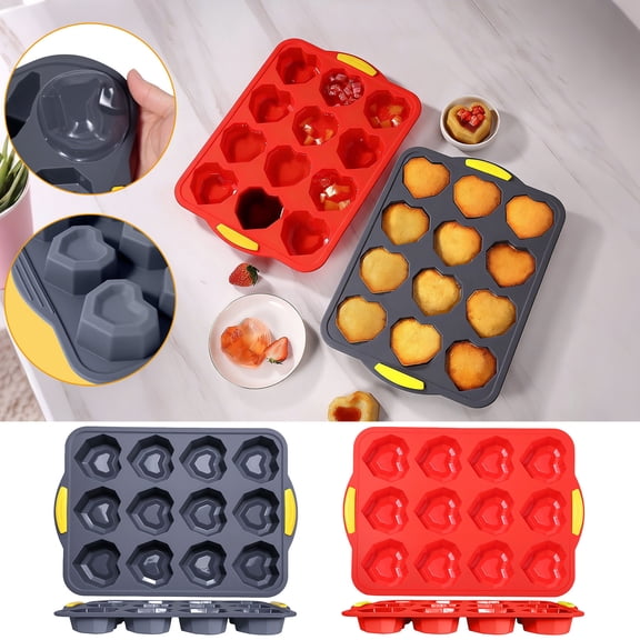 Silicone Heart Shaped Muffin Pan 12 Cup Non Stick Press Bottom Baking Tray for Cupcakes Chocolate Cakes and Egg Bites