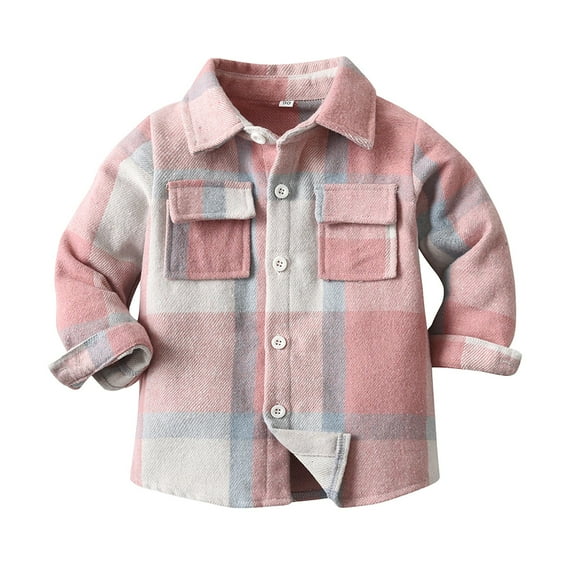 KPOPLK Boys Girls Plaid Flannel Shirts Jacket Toddler Long Sleeve Button Down Shacket Kids Spring Outwear Clothes Tops(6-12 Months,Pink)