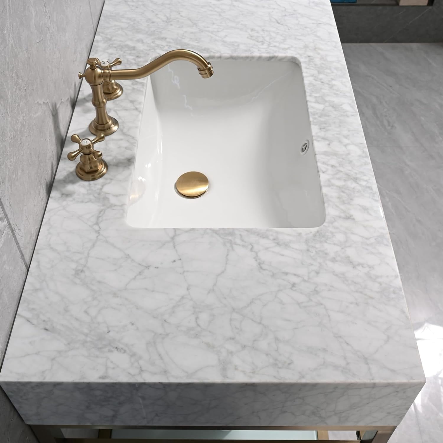 GGISHA 36"x 21"Freestanding Bathroom Vanity with Sink,Carrara Marble,Golden Frame for Laundry Room,Utility Room