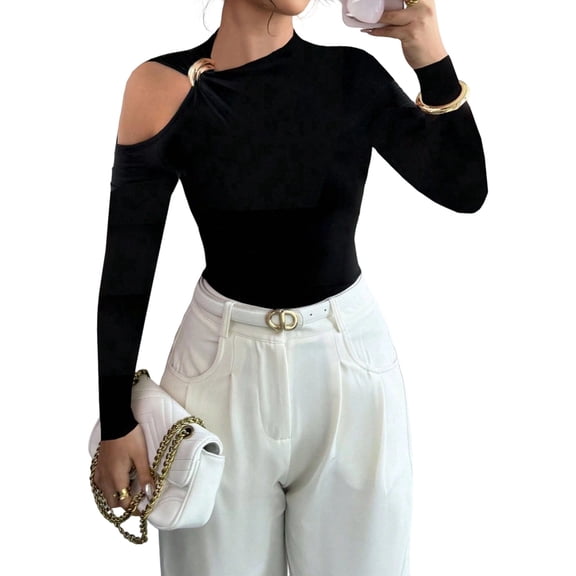 Womens Cold Shoulder Long Sleeve Top Asymmetrical Loose Casual Shirts Black XL