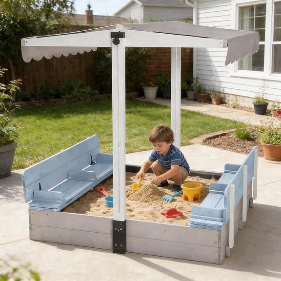 Aivituvin Sandbox with Lid Outdoor Sandboxes with Cover Wooden Foldable Bench Seats with Canopy for Kids Large Sand Box with Adjustable-Height (Blue)