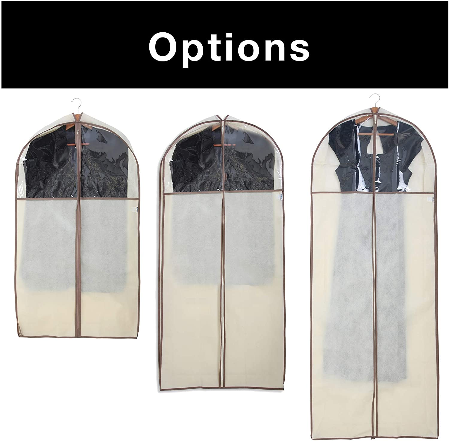 Smart Design Gusseted Garment Bag with Clear Window - Set of 6 - 24 x 54 Inch - Includes Zipper Closure and Travel Loop - Suits, Dresses, and Gowns Storage Organization - Beige