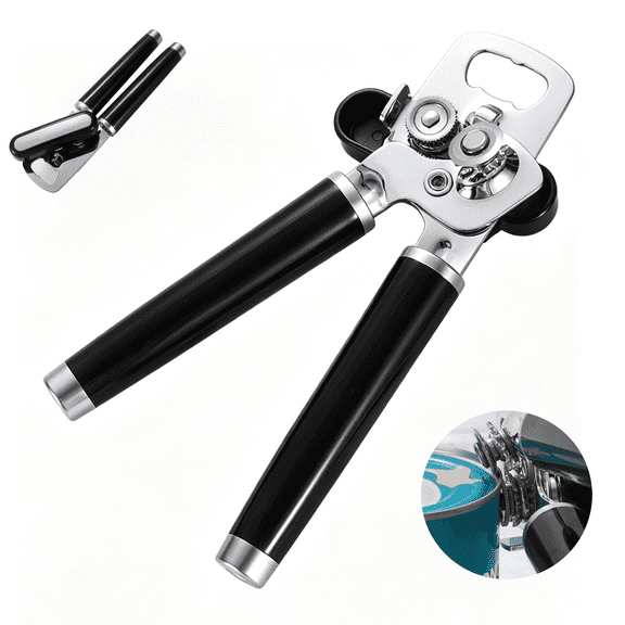 Classic Multifunction Can Opener and Bottle Opener – Easy to Use, Razor Sharp Stainless Steel Cutting Wheel – Soft Ergonomic Handles – Black