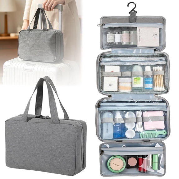 Hanging Toiletry Bag for Travel, Foldable Cosmetic Organizer for Women & Men, Water-Resistant Roll-Up Makeup Bag with Multiple Compartments, Large Travel Essentials Kit (Heather Grey)