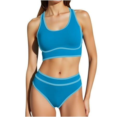 Maplenight Women s High Waisted Bikini Sets Sporty Two Piece Swimsuits Color Block Cheeky High Cut Bathing Suits