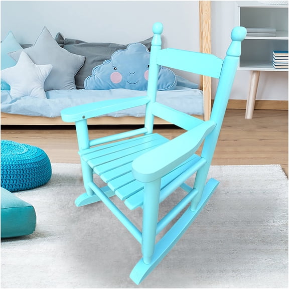 JERFIT Kids Rocking Chair, Light Blue Solid Wood Indoor Outdoor Rocker for Children, Comfortable Nursery & Playroom Seating, Durable Porch Balcony Decor, Easy Assembly, Supports 110 LBS