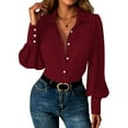 thumbnail image 2 of Dressy Casual Tops for Women Button Down Shirt Puff Long Sleeve Lapel Collar Blouse Business Work Office Wear (XL, Red), 2 of 8