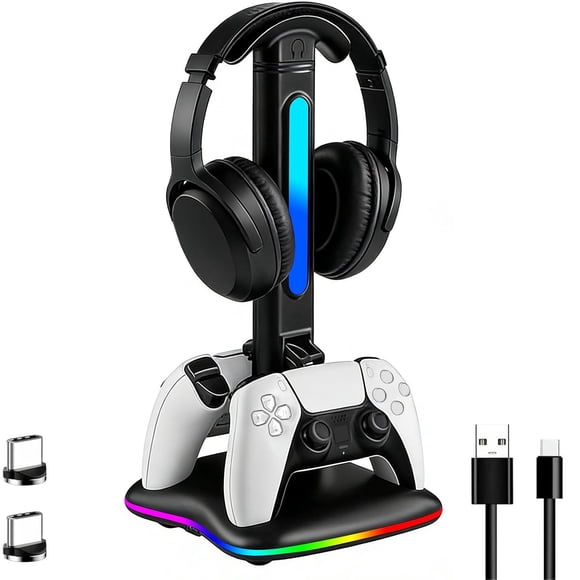 Cargador de mandos con soporte para auriculares RGB para PS5, estación de carga con dos puertos USB y soporte para auriculares de Xbox