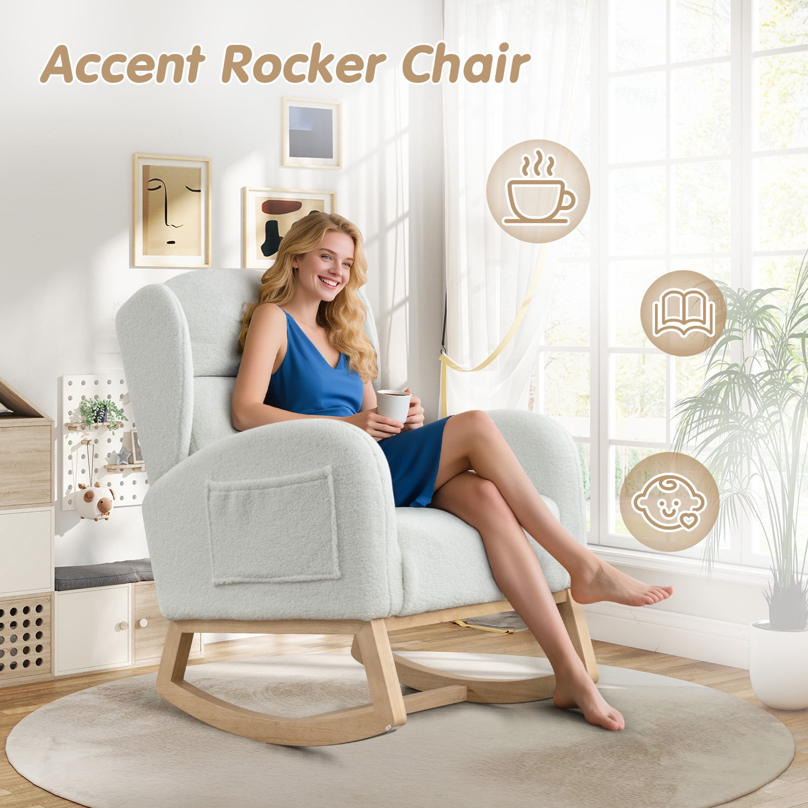 Lunale Indoor Rocking Chair, Upholstered Accent Rocker Chair with Wood Legs, Ivory Teddy