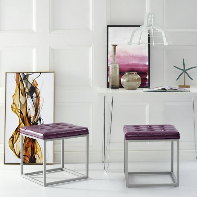 Inspired Home Simpson Cube Ottoman en Faux Cuir Cadre en Métal Capitonné Moderne, Violet