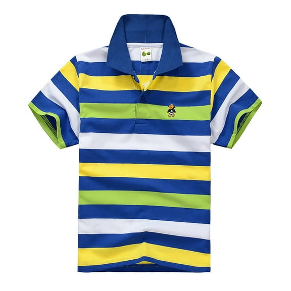 Big Boys Striped Short Sleeve Polo Shirts Casual Turn-down Collar Pique Tees Breathable Button Closure Tops for Summer Daily Wear