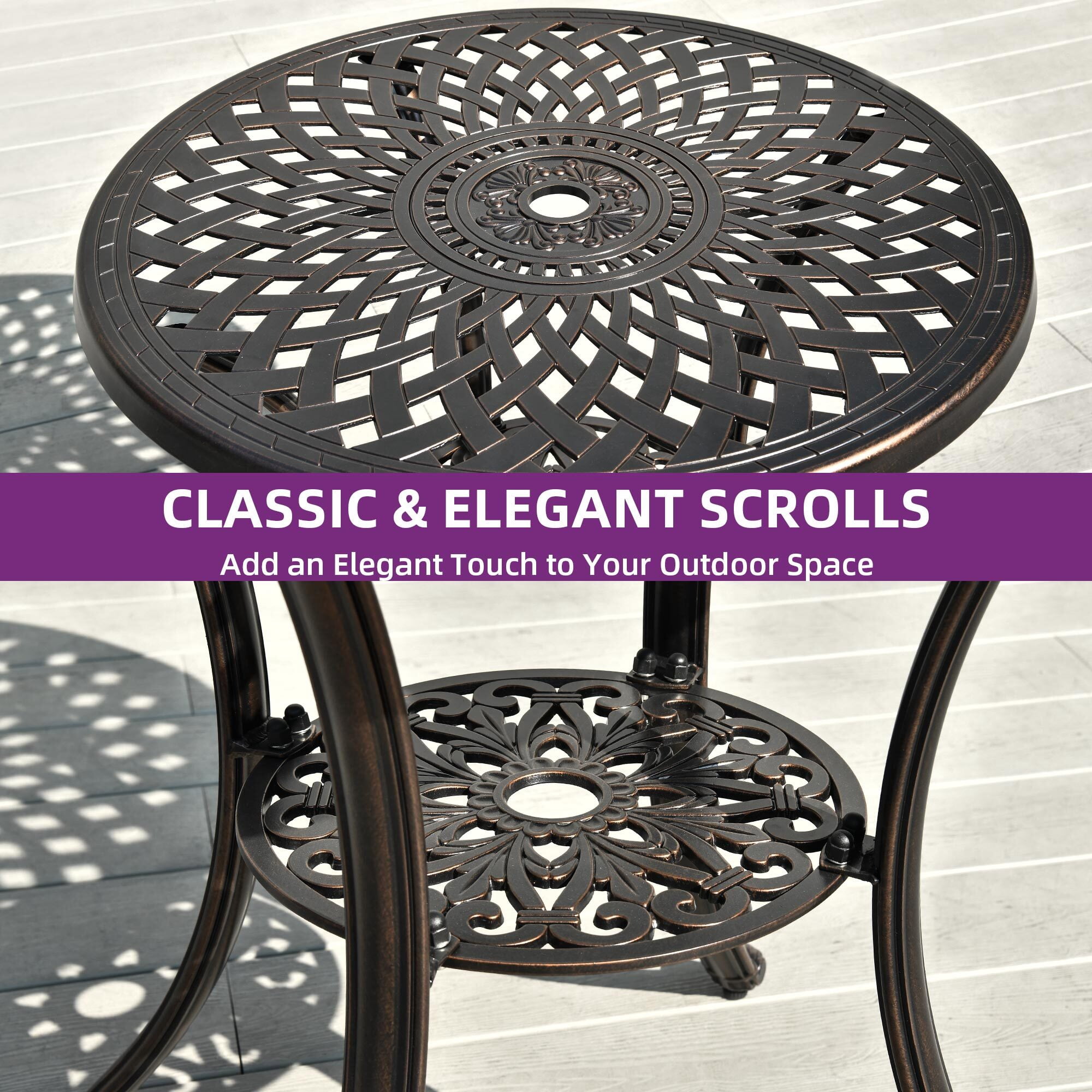 Uforic 30 Inch Round Outdoor Patio Dining Table, Cast Aluminum Bistro Table with Umbrella Hole, Weather Resistant Side Table for Garden Backyard Porch, Hammered Bronze Finish