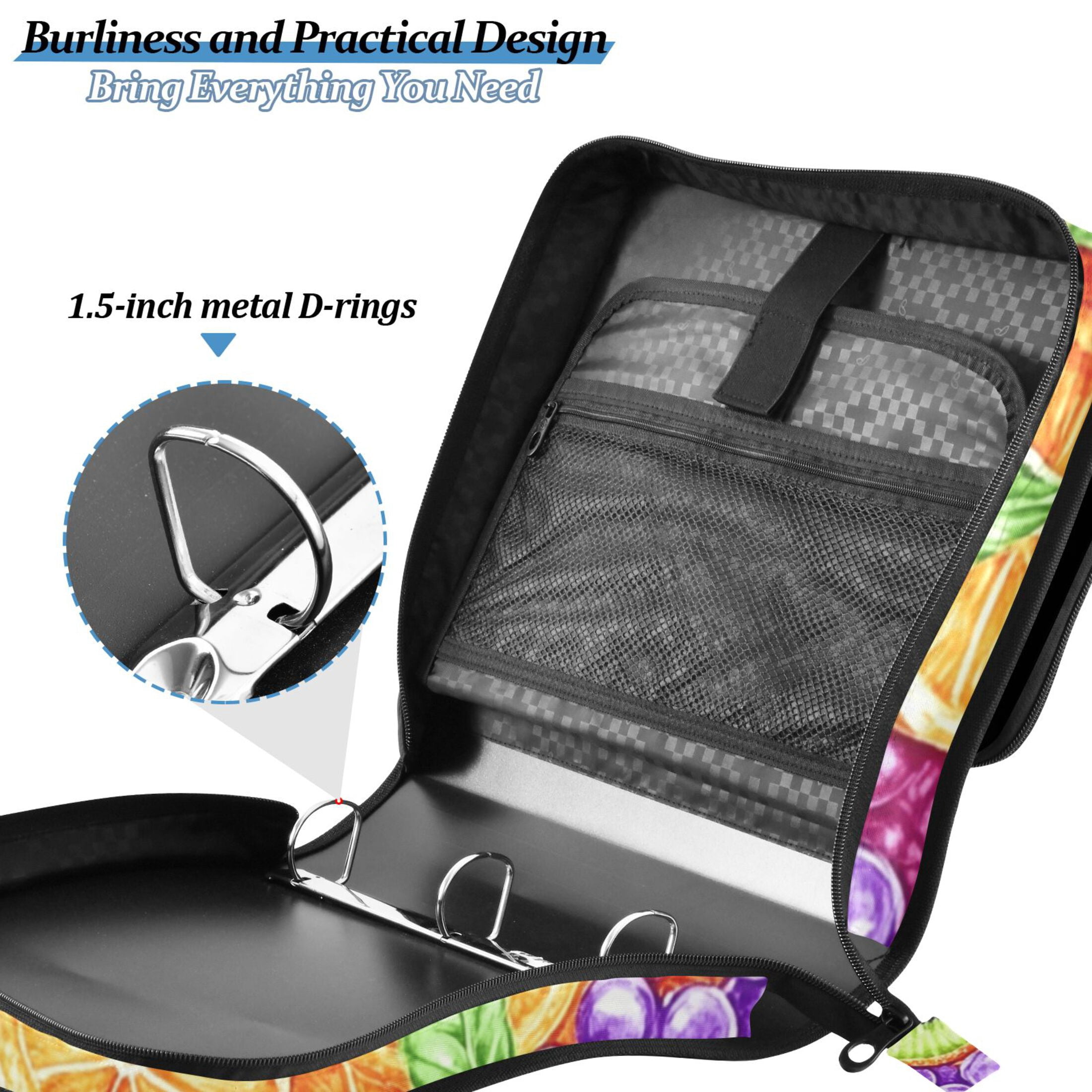 3 Ring Zipper Binder with Shoulder Strap Waterproof Trapper Keeper 2 Inch D-Ring 500 Sheets Capacity Kiwi Oranges Slices Grape