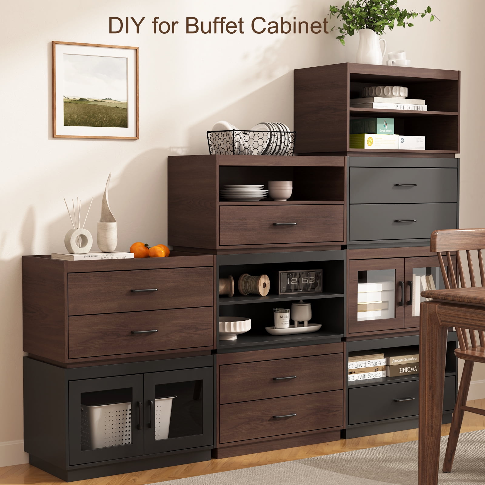 Stackable Storage Drawers,28" Wide Storage Bins w/ Drawers and Compartment for Closet Organizers, Wood Stackable Closet Organizer Modern Large Stackable Storage Units for Living Room Hallway, Black