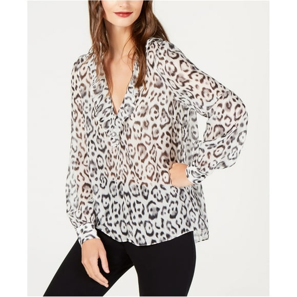 Rachel Zoe Womens Leopard Print Pullover Blouse, Grey, Large