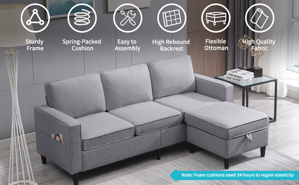 BALUS Sectional Sofa with Storage Ottoman, L-Shaped Small Sectional Sofa, Couch and Sofa Set Sectional for Living Room (Dark Gray)