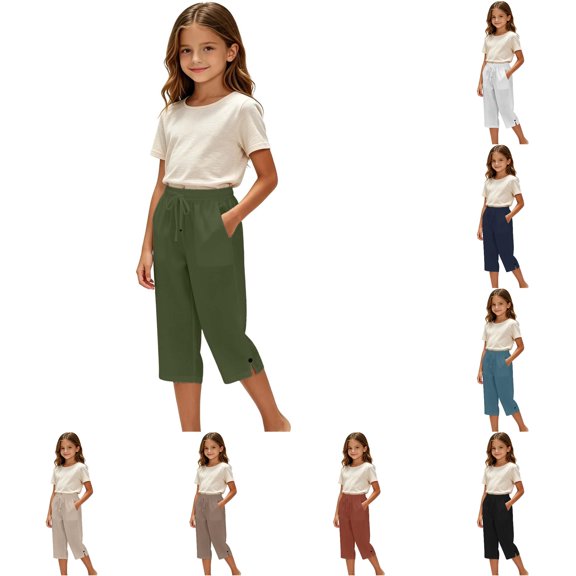WhouRiu Girls Casual Beach Pants Summer Solid Color Drawstring Waist Cropped Trousers Kids Comfortable Lightweight Trousers With Pockets,13-14 Years