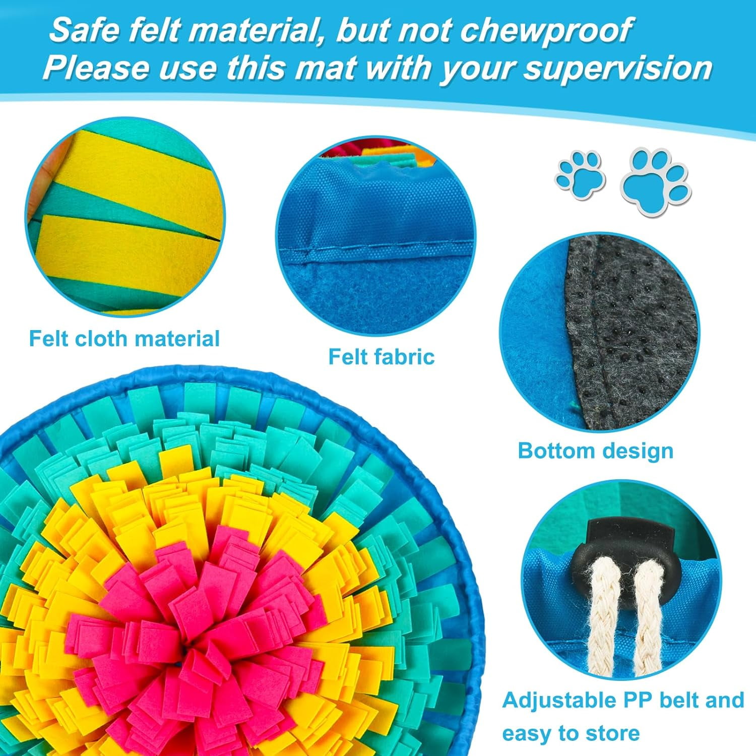 Snuffle Mat for Dogs, Adjustable Dog Puzzle Toys Sniff Mat, Interactive Enrichment Toys for Slow Eating and Mental Stimulation (Red Yellow Blue)