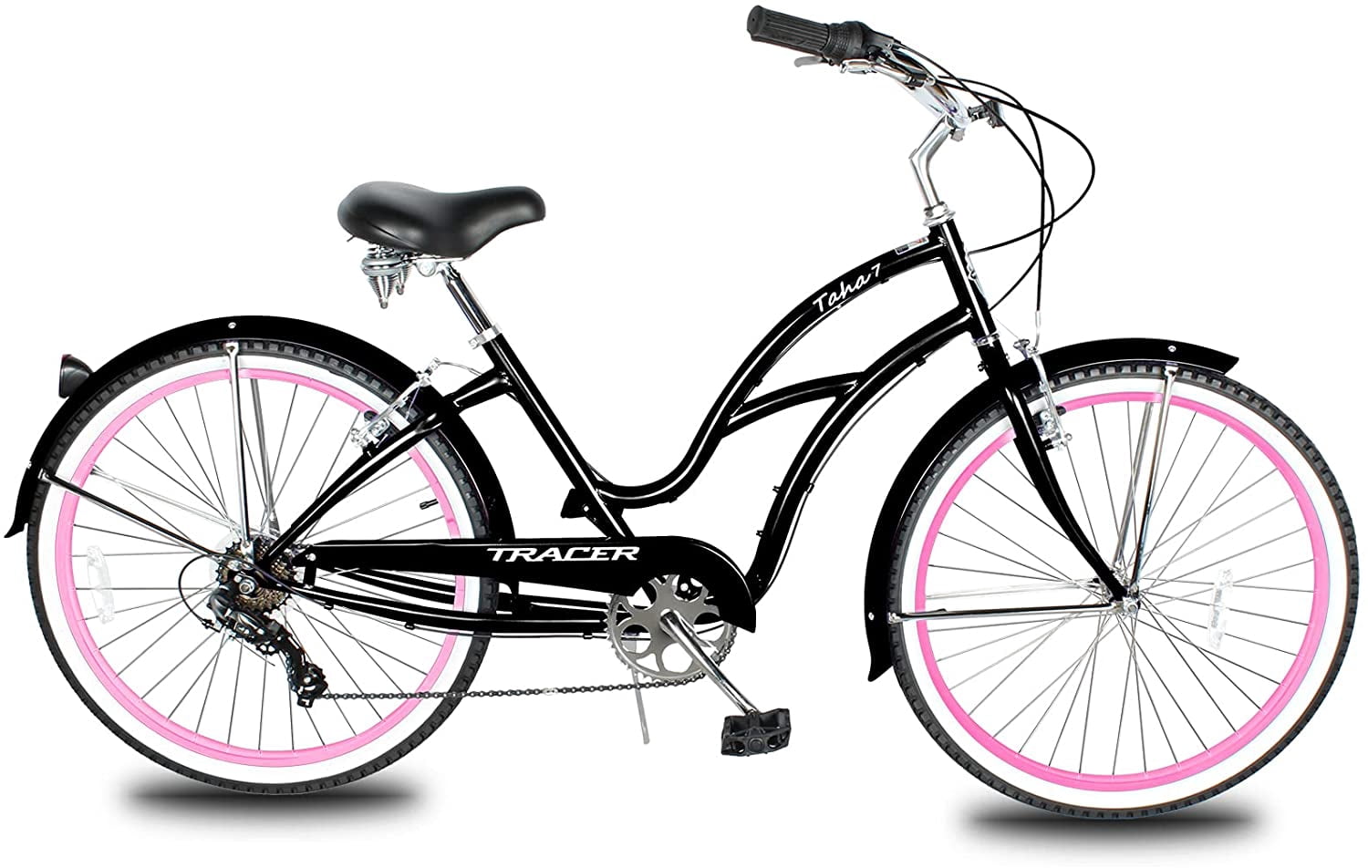WonderWheels 26" Beach Cruiser Coaster Brake Stainless Steel Spokes One Piece Crank Alloy Orange Rims 36H W/ Fenders - Black