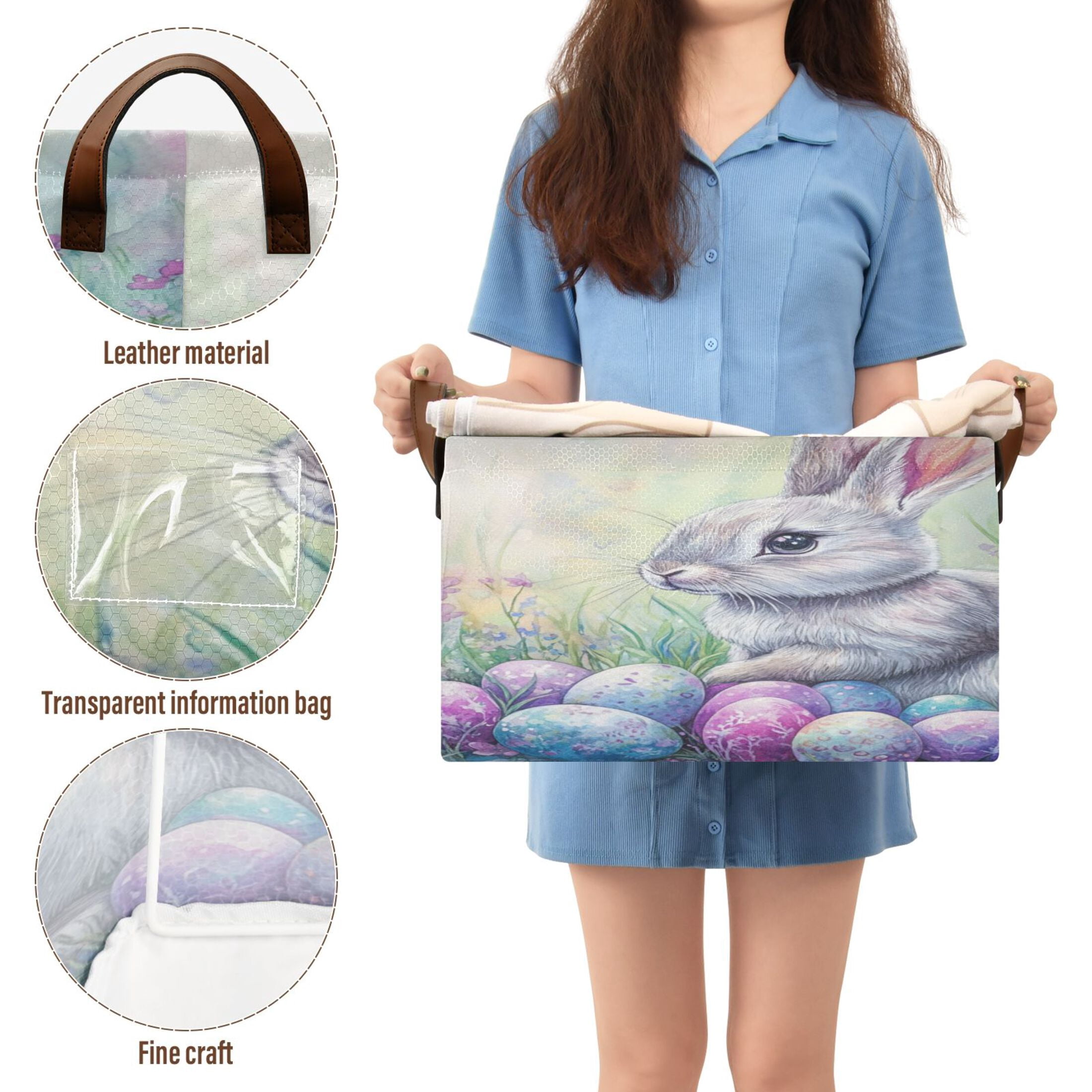 WOBOGO Easter Blue Bunny Storage Basket 16.9×11.4×10in Collapsible Oversized with Metal Iron Frame Set of 1