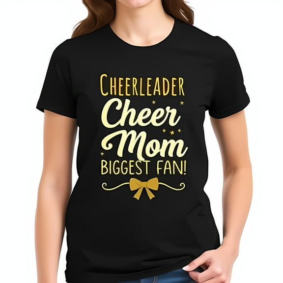 Stylish Black Cotton Short Sleeve T-Shirt for Cheer Moms - " Cheerleader Cheer Mom Biggest Fan " Gold Script Design with Stars & Bow