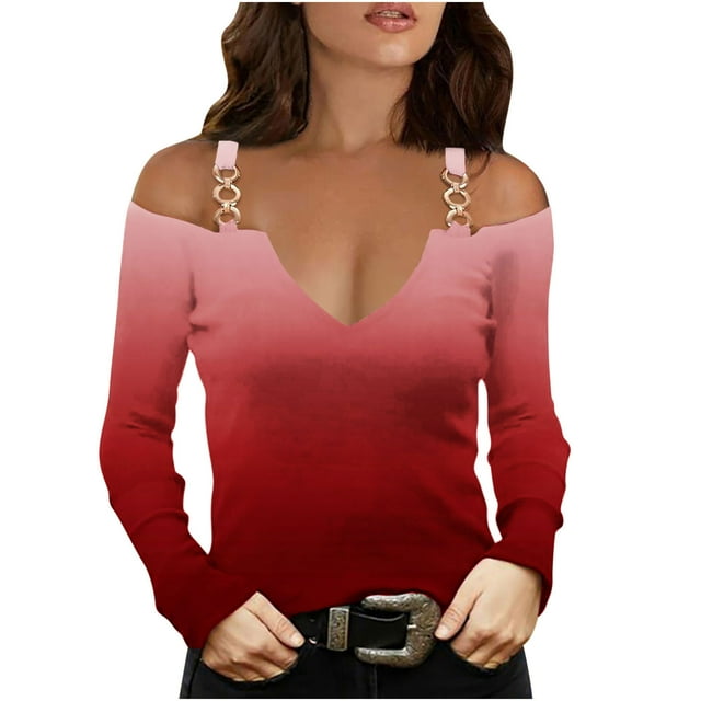 FAIWAD Womens Long Sleeve Cold Shoulder Tops V Neck Hollow Out Strape Blouses Slim Stretch Tunic Tops