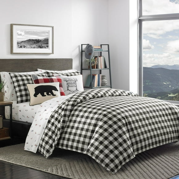 Eddie Bauer - King Comforter Set, Cotton Reversible Bedding, Buffalo Plaid Home Decor for All Seasons (Black Check, King)