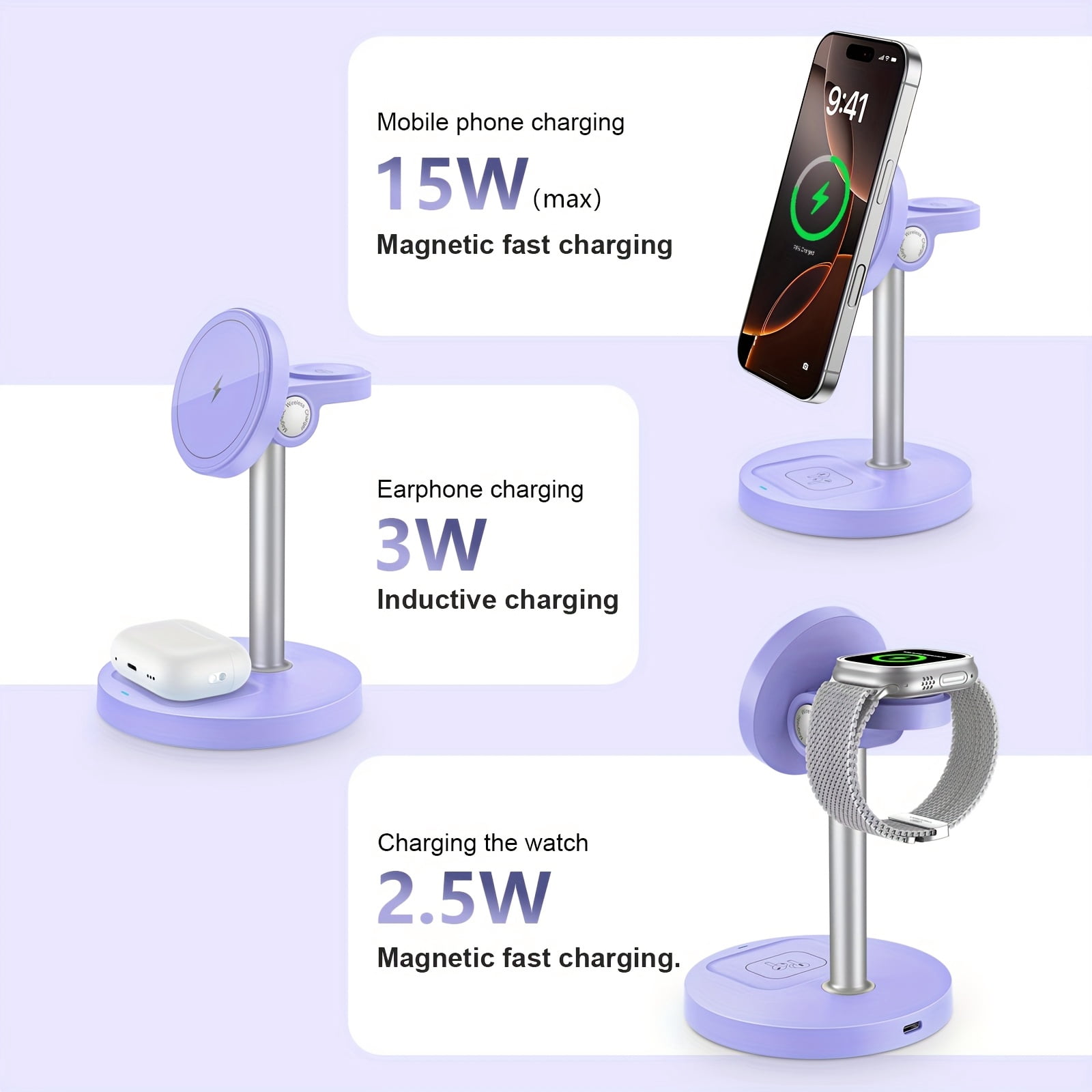 3-in-1 Magnetic Wireless Charger Stand: 15W Fast Charging for iPhone 16/15/14/13/12, Apple Watch & AirPods | Adjustable, Heat Dissipation, Strong Magnetic Grip, Dopamine Colors