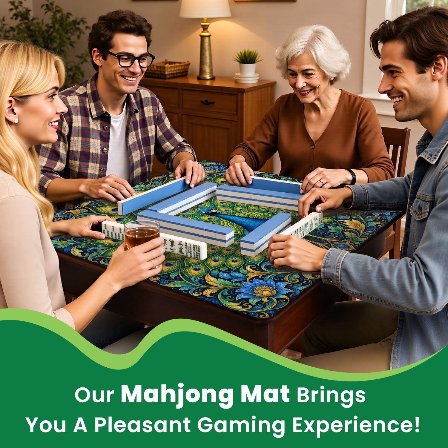 Mahjong Mat 31.5" x 31.5" Vibrant Peacock Colorful Feather Display Intricate Mandala Non-Slip Noise Reduction Mahjong Tiles Table Cover for Dominoes Poker Card Board and Tile Games