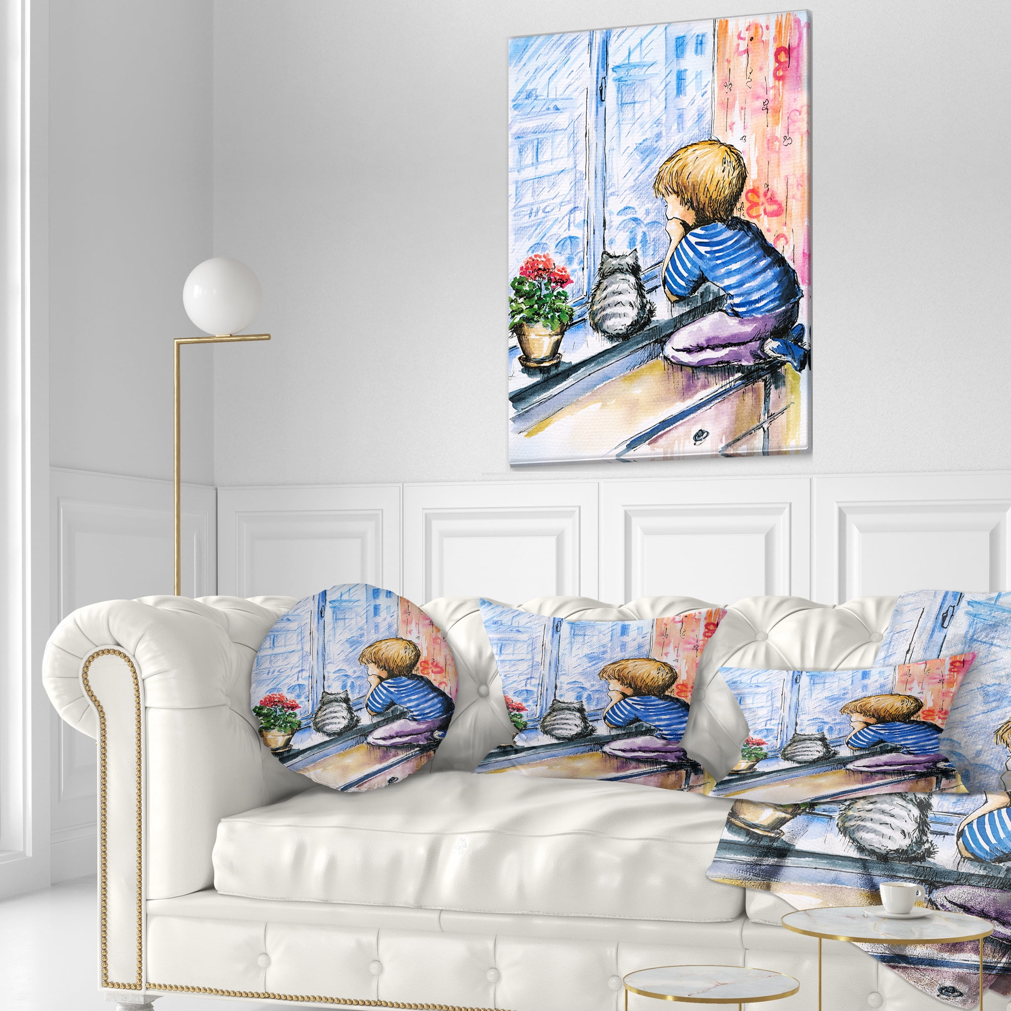 Designart Little Boy and Cat Watching City - Modern Portrait Throw Pillow - 12x20