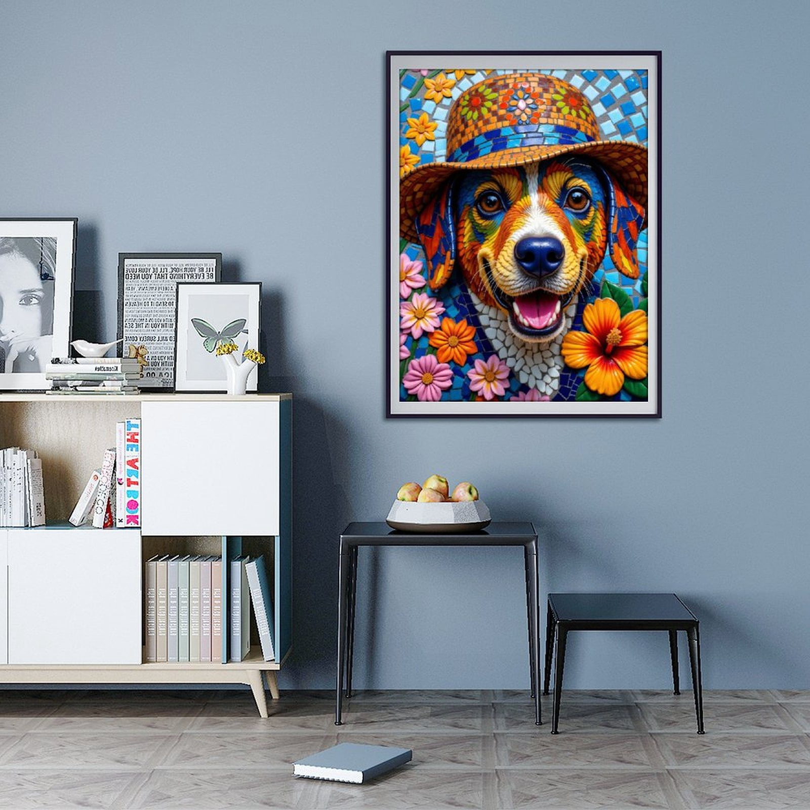 Diamond Art Kit for Adults, Colorful Mosaic Dog With Flowers Diamond Painting for Adults Beginners, 5D DIY Diamond Art Painting Kits, Colorful Diamond Painting Craft for Home Decor 12x16