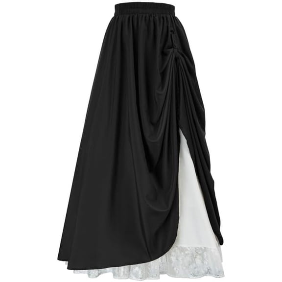 Norlix Renaissance Maxi Skirt for Women Lace Trim Double Layered Medieval High Waisted Long Skirts