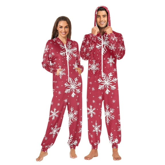 Christmas Snowflakes White Adult Onesie Pajamas Slim Fit Christmas One Piece Suit Pjs for Women and Men Hooded Zipper