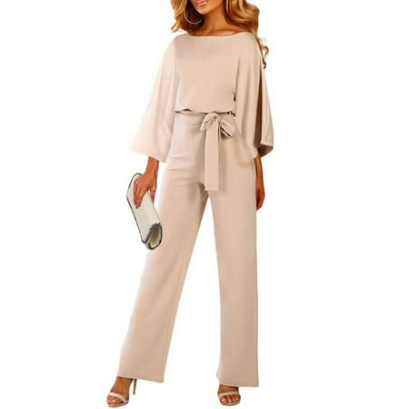 

Rompers for Women Summer Loose Fit One Piece Fashion Drawstring Solid Color Boat Neck Wind Bat Lace Up 3/4 Sleeve Jumpsuits Pants