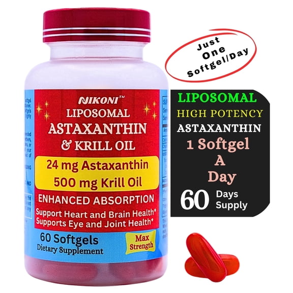 Nikoni Liposomal Astaxanthin Krill Oil Softgels Cellular Joint Heart Health Antioxidant Support 60 Count