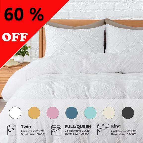 Peace Nest 2 Pieces Clipped Jacquard Geometric Tufted Duvet Covers & Pillow Sham Set ,Microfiber Soft Bedding Set with Zipper Closure 4 Ties, Square Quilted, Twin Size