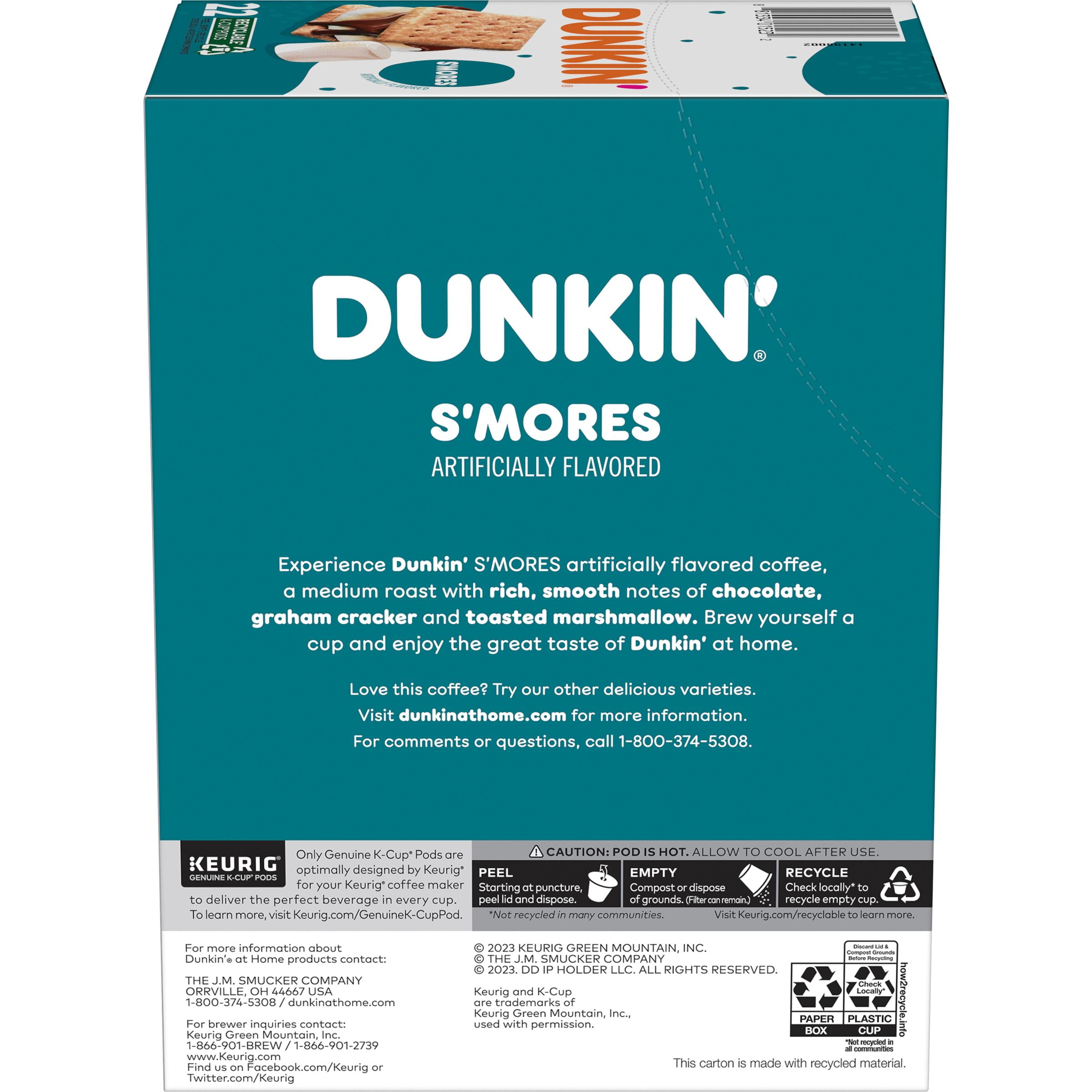 (4 Pack) Dunkin’ S’mores Artificially Flavored Coffee, Medium Roast, Keurig K-Cup Pods, 22 Count Box