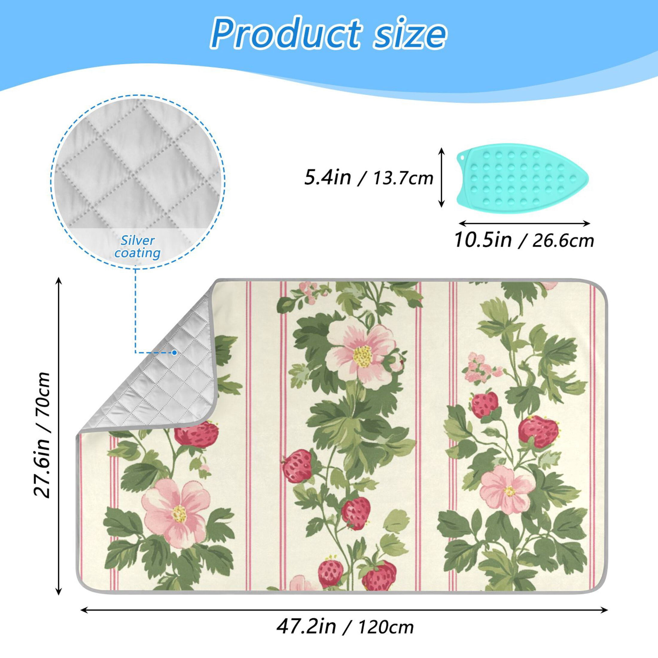 Strawberries Leaves Flowers Pastel Color Ironing Mat Blanket Portable Travel Ironing Pad Heat Resistant Pad 47.2" x 27.6”