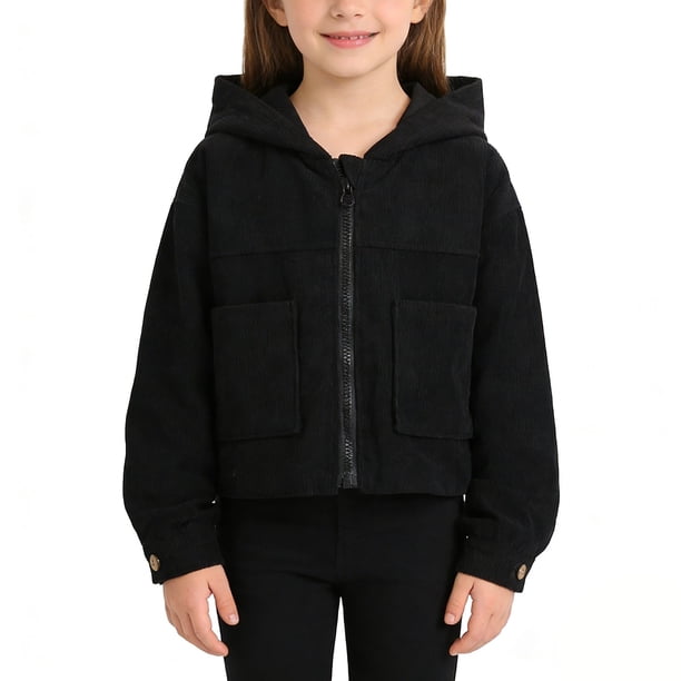 Chaquetas y abrigos casuales de manga larga con capucha para niñas, versátiles y de moda, de pana corta y fina con capucha para niñas.