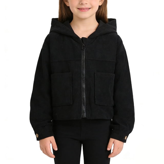 Chaquetas y abrigos casuales de manga larga con capucha para niñas, versátiles y de moda, de pana corta y fina con capucha para niñas.