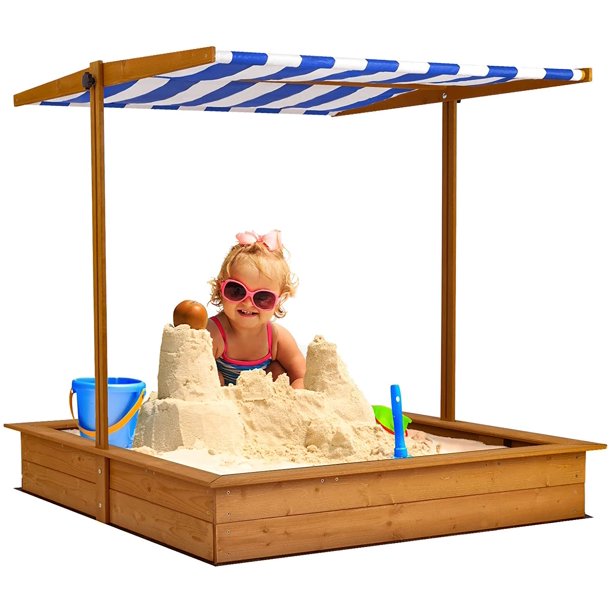 Sandbox With Cover Wooden Outdoor Kids Sandbox With Canopy, Foldable