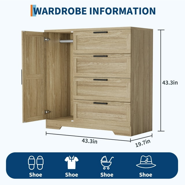 Armoire Garde-Robe Placard de 43,3 Po H avec 4 Tiroirs et Tringle, Commode Multifonction en Bois à 4 Tiroirs avec Placard de Rangement, s pour Chambre